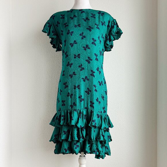 VINTAGE TEAL SILK DRESS WITH BOW PRINT - Picture 1 of 7